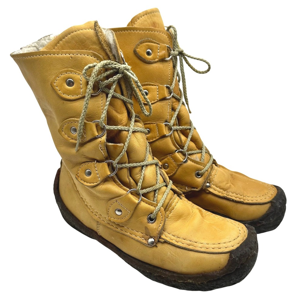 Vintage 70s Glo-Warm by Border Tan Leather Shearling Mukluk Canadian Boots 8